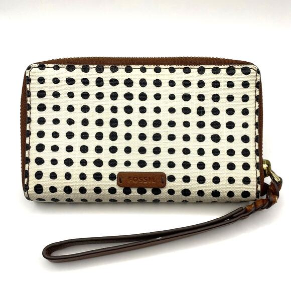 2/$30 Vintage Fossil Zip Around Wristlet Wallet Brown Leather Women Retro Dots - Picture 1 of 8
